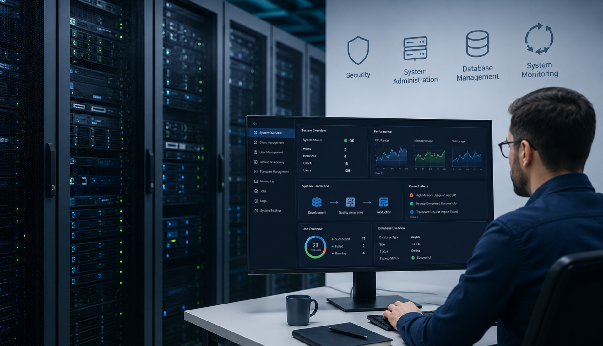 SAP BASIS training course covering security, system administration, database management and monitoring