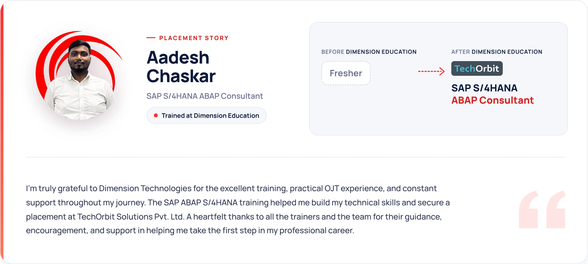 Aadesh Chaskar, fresher to SAP S/4HANA ABAP Consultant at TechOrbit Solutions after training at Dimension Education