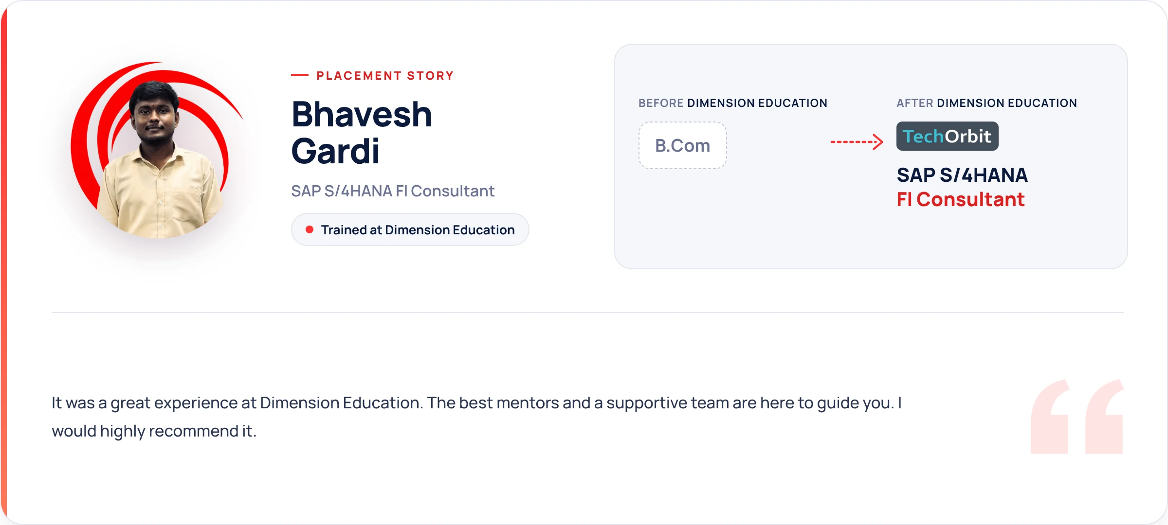 Bhavesh Gardi, B.Com graduate to SAP S/4HANA FI Consultant at TechOrbit Solutions after training at Dimension Education
