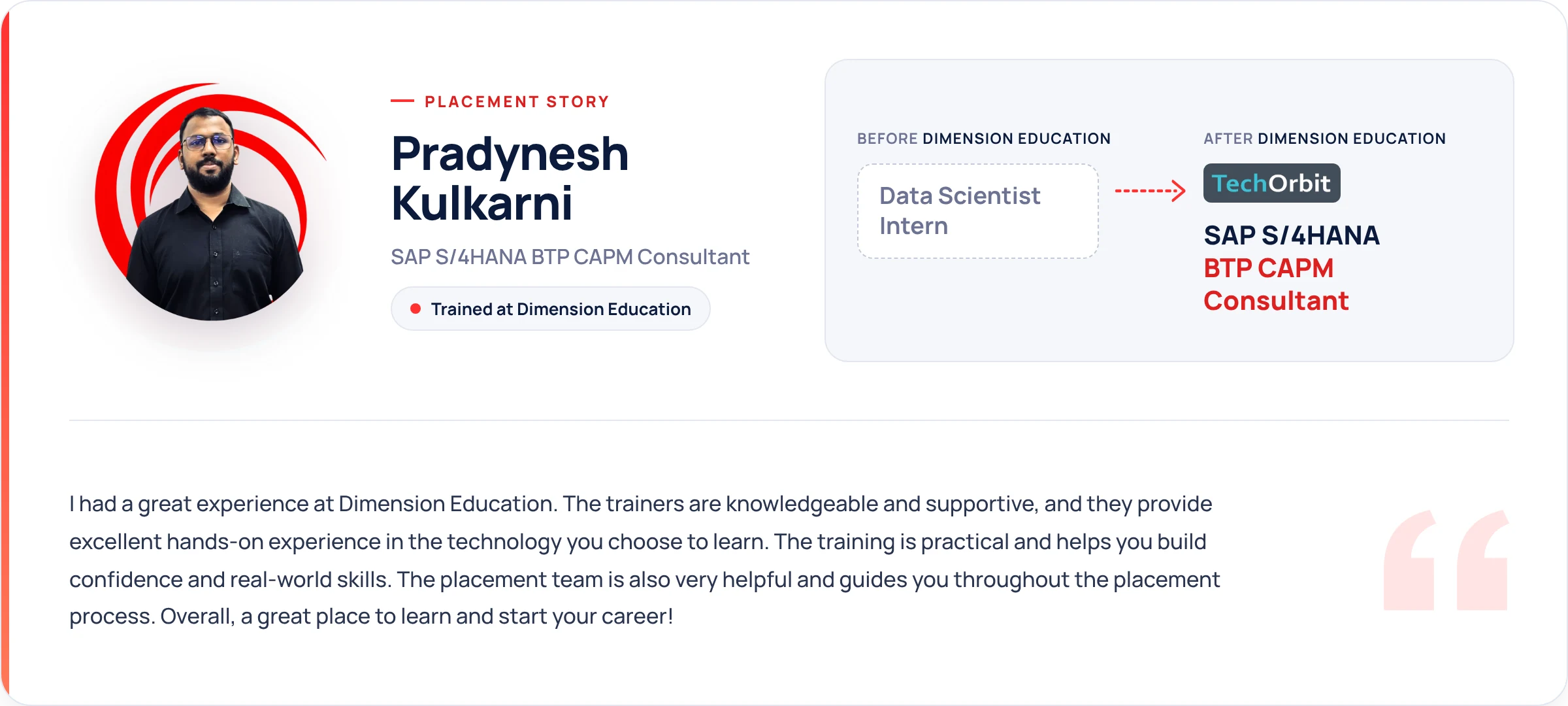 Pradynesh Kulkarni, data scientist intern to SAP BTP CAPM Consultant at TechOrbit Solutions after training at Dimension Education
